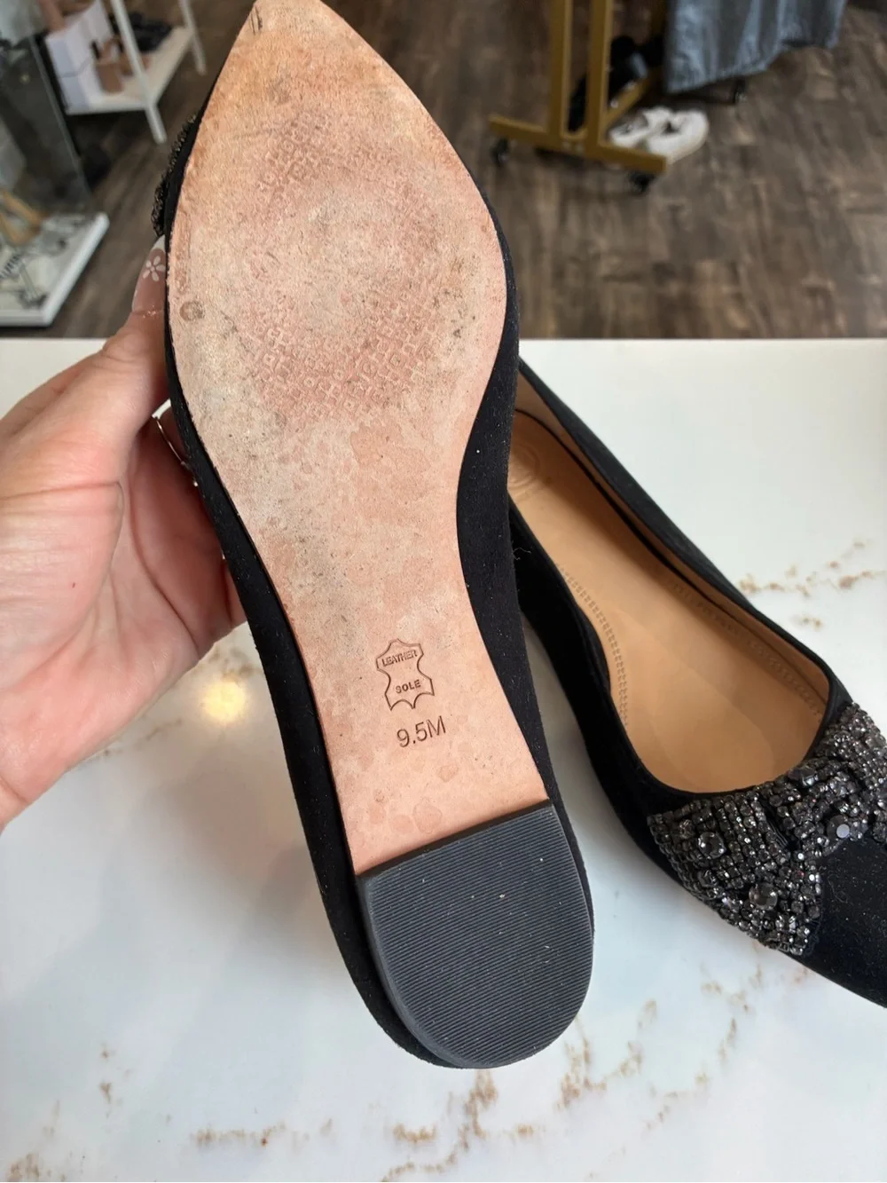 Tory Burch suede Black Pointed-Toe Flats with Gunmetal Bead Embellishment